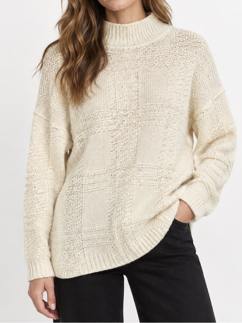 80s Vintage Cream Nova Check Plaid Embroidered Sweater Mock Neck Pullover Small